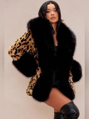 NWT Fashion Nova Leopard Print Faux Fur Coat with Black Trim M